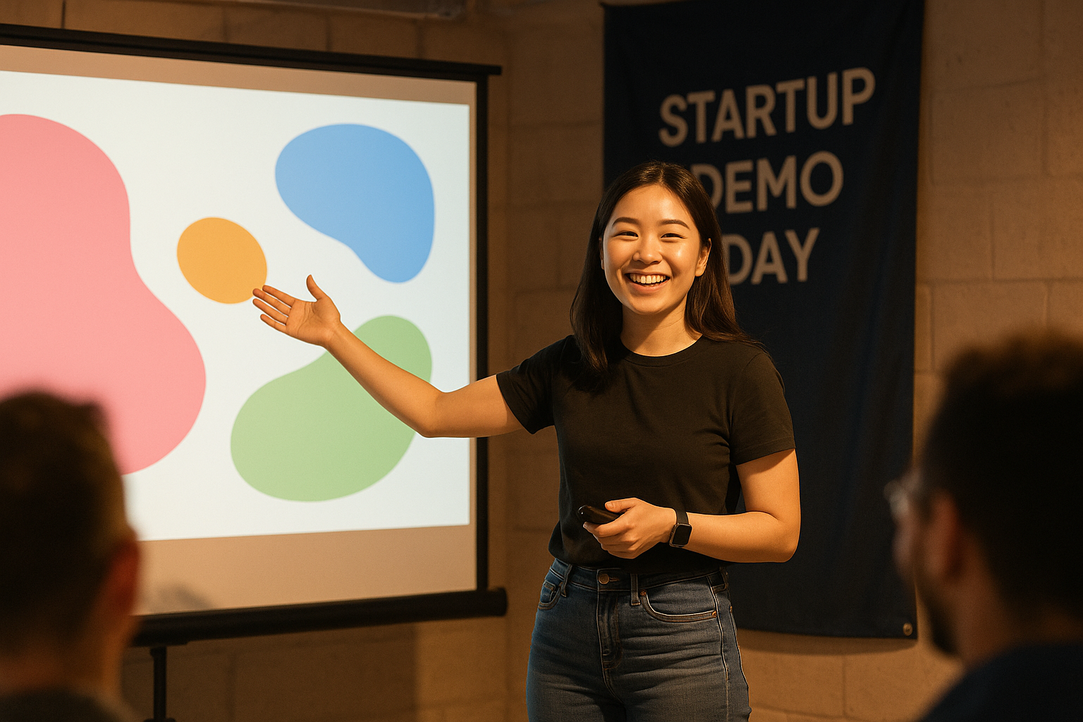 East Asian woman founder presenting confidently on a startup demo day stage